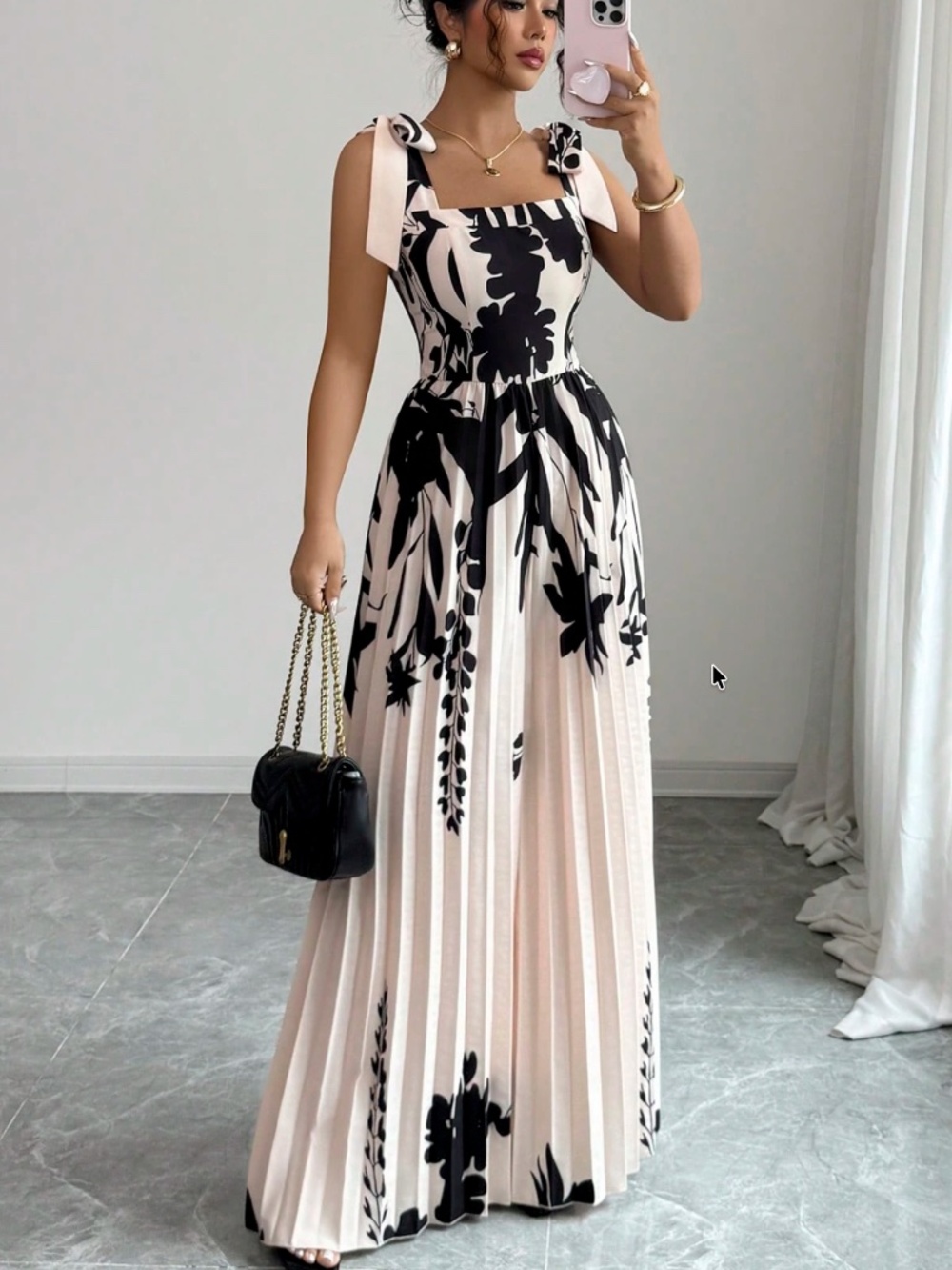 Boho Floral Print Shoulder Tie Pleated Wide Leg Jumpsuit - Picture 3 of 5